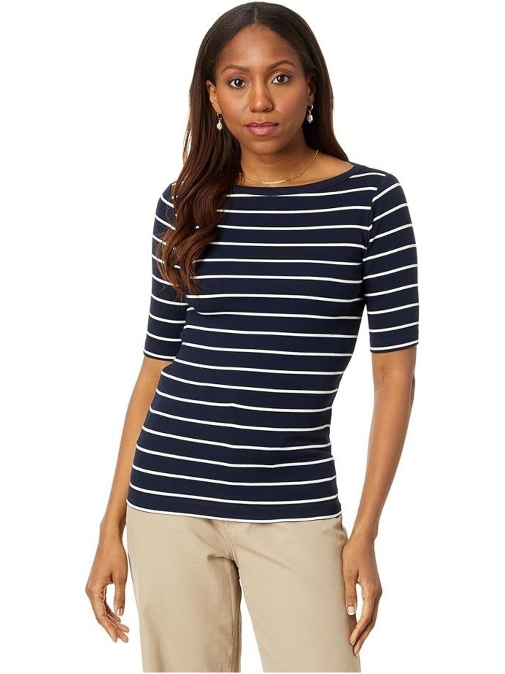 NIC+ZOE Navy and White Striped Boatneck Elbow-Sleeve Top
